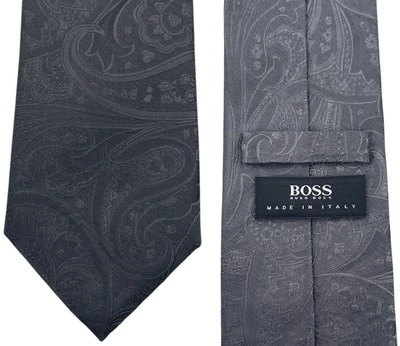 HUGO BOSS 男式 100% 真丝领带意大利制造设计师 PAISLEY 灰色 — 第 1/4 张图片