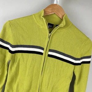 Vintage GAP Sweater Womens S Chartreuse Green Stripe Rib Knit Full Zip Y2K - Picture 1 of 7