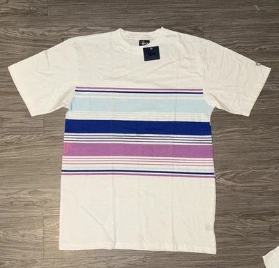 NWT Stussy Sample Basic White Tee Pigment Stripes Purple and Blue Mens Size L - Image 1 of 4