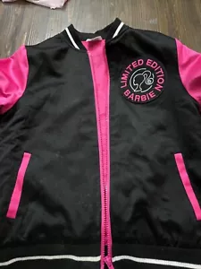 Barbie Varsity Bomber Jacket Girls L (10-12) Limited Edition Black Pink Satin - Picture 1 of 7