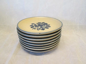 SET 8 LUNCH SALAD 7.25" PLATES Pfaltzgraff Folk Art Pattern Brown Blue Vintage - Picture 1 of 9