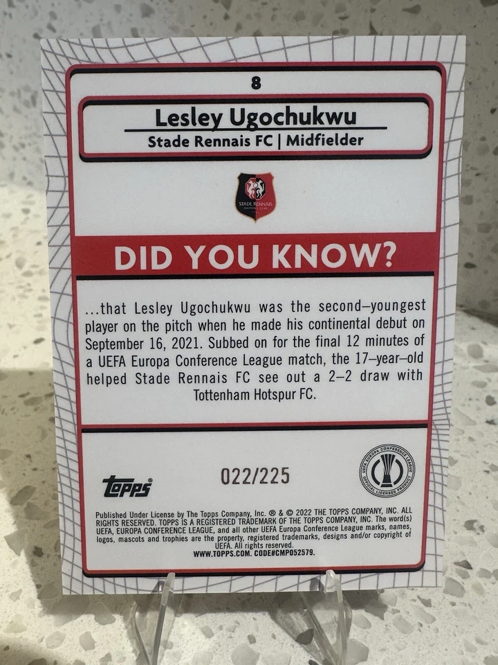 2022 Topps Europa Merlin Lesley Ugochukwu #8 /225 Stade Rennais FC - Image 1 of 1