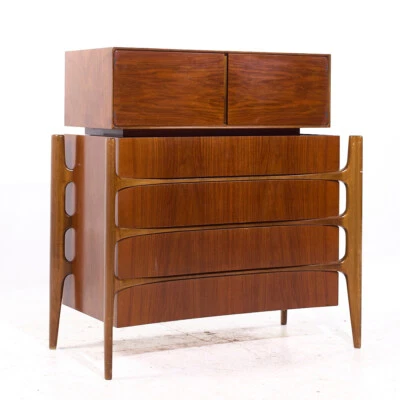 William Hinn Mid Century Walnut Curved Front Highboy Dresser - Image 1 of 4