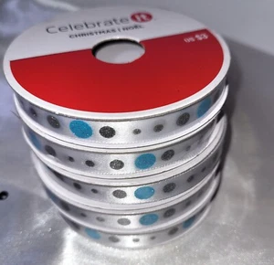 5 Rolls Celebrate It Blue/Silver Glitter Dots Ribbon 3/8 in.x 3Yd (each) New - Picture 1 of 5