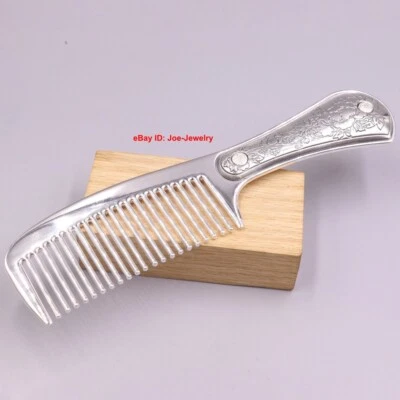 Lindo peine de plata fina sólida 999 mango de peonía peine portátil pequeño 6,22 pulgadas Foto 1 de 4
