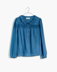 Top Madewell Indigo Cuello Volantes Pintuck Popover Brillante Indigo Talla S #AK017 - Imagen 1 de 3
