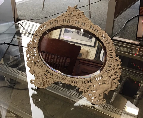 White Cast Iron Stand Up Dresser Mirror with Cherubs Cover