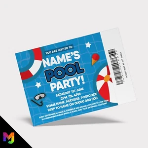Personalised Pool Party Ticket Style Invitations Invites | Boys / Girls - Picture 1 of 2