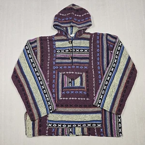 Mexican Baja Hoodie Womens Small Woven Pancho 100% Cotton Wooden Toggle Buttons - Picture 1 of 19