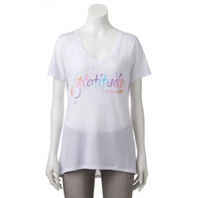 NUEVO CON ETIQUETAS Love This Life Juniors Gratitude Camiseta Gráfica Cuello Alto Bajo en V Blanca XS Foto 1 de 2