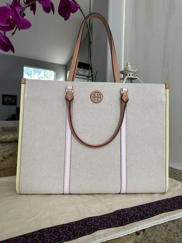 Borsa grande nuova con etichette Tory Burch 155079 Blake tela jumbo tote rosa naturale pasticceria