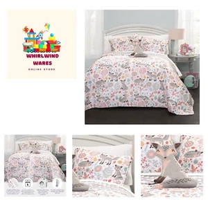 Pixie Fox Reversible Quilt Set, 3 Piece Set, Twin, Gray & Pink - Twin Bedding... - Picture 1 of 7
