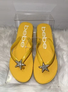 BEBE Yellow KIM Wedge Flip Flops/Rhinestone Star Front New With Defects See Pic - Picture 1 of 7
