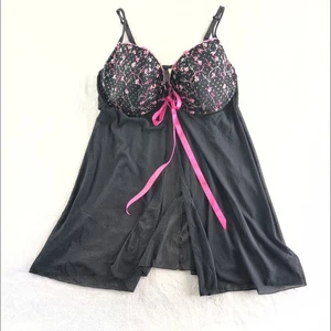 Cacique Babydoll Sheer Plunge Flyaway Embroidered Lingerie Front Fasten SZ 26/28 - Picture 1 of 9