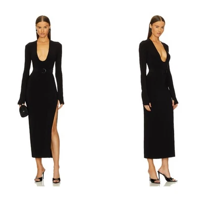 Vestido Norma Kamali manga larga cuello en U profundo abertura lateral en negro Foto 1 de 4