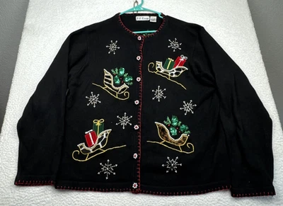 VINTAGE BP DESIGN XL Black Embroidered Beaded Christmas Sleigh Cardigan Sweater - Image 1 of 4