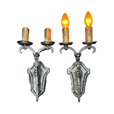 RESTAURADO Par de Apliques Dobles de Hierro Forjado Estilo Renacimiento Español #2506 Foto 1 de 4