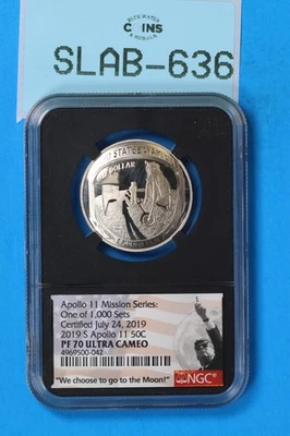 2019-S 50C HALF DOLLAR APOLLO 11 NGC PF70 U CAMEO PROOF 1000 SET SLAB-636 - Image 1 of 3