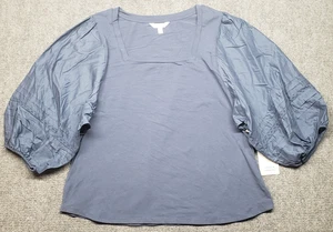 Lauren Conrad Shirt Damen XL Blau Puffärmel Eckiger Ausschnitt Bestickt Oberteil Neu - Bild 1 von 9