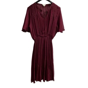 Sundance Arolyn Dress M Maroon Gauzy Pleated Embroidered Lined Midi Boho Hippie - Picture 1 of 11