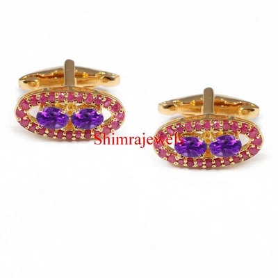 Ametista natural e rubi aquecido com abotoaduras de prata banhadas a ouro branco 18K #148 - Imagem 1 de 4