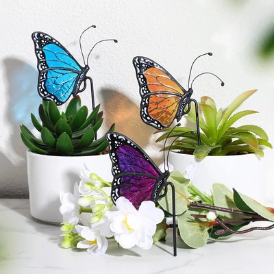 3 Pcs Stained Glass Butterfly Suncatcher Flower Pot Decoration Metal Plant Po... - Image 1 of 4