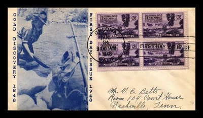 SELLOS DR JIM CUBIERTA DE ESTADOS UNIDOS ORO CALIFORNIA CENENARIO FDC SCOTT 954 BLOQUE DE 4 Foto 1 de 2