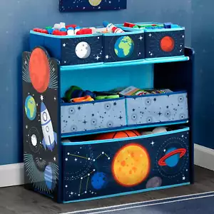 Toy Organizer Space Adventures 6-Bin Kids Playroom Bedroom Toys Wood Fabric Blue - Picture 1 of 6