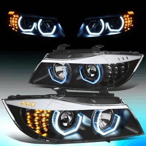 FOR 2009-2012 BMW 3-SERIES E90 PAIR BLACK HEADLIGHT W/BLUE LED 3D CRYSTAL U-HALO - Picture 1 of 12