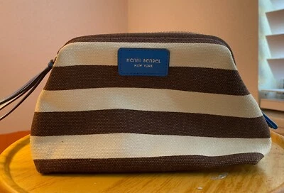Henri Bendel Нью-Йорк кожи коричневый и белый полоски молнии косметики косметичка - Изображение 1 из 3