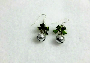 CHRISTMAS SILVER JINGLE BELLS, GREEN BOW FISH HOOK BACK EARRINGS-SIZE SMALL - Picture 1 of 8