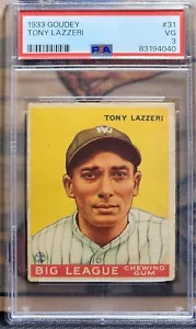 TONY LAZZERI 1933 Goudey Gum #31 PSA 3 Low Number NEW YORK YANKEES HOF - Picture 1 of 2