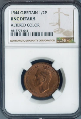 1944 Great Britain Half Penny 1/2 P NGC UNC DETAIL - Image 1 of 2