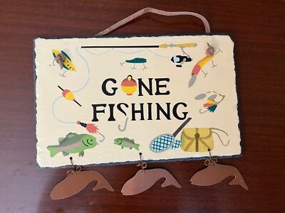 Gone Fishing Sign Rod Reel Bait Lures Rustic Fish Decor Slate 11"x7" - Image 1 of 2
