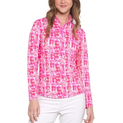 IBKUL Elsa Flamingo Hot Pink/ Coral Long Sleeve Zip Mock SPF 50 Medium - Image 1 of 4