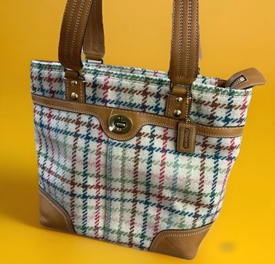 Vintage Y2K Coach Handbag Tote Hampton Tattersall Plaid Bag Wool Leather F13985 - Image 1 of 4