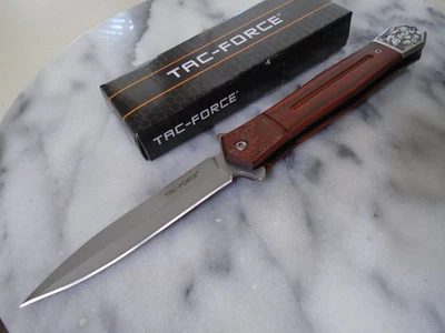 Navaja de bolsillo Tac-Force elegante asistida abierta Stiletto daga TF-2016LG madera grabada Foto 1 de 4