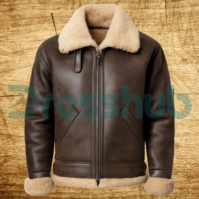 Mens Aviator Brown RAF B3 Flying Pilot Bomber Shearling Fur Real Leather Jacket - Image 1 of 2