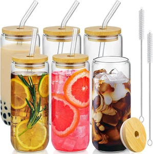 20 Oz Drinking Glasses with Bamboo Lids and Glass Straw - 6 Pcs Can Shaped Glass - Picture 1 of 12
