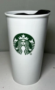 Starbucks Ceramic White Green Siren Logo Travel Tumbler Mug 10 Oz W/ Lid - Picture 1 of 6
