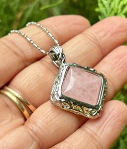 Medallón colgante de moda de cuarzo rosa lleno de oro blanco CADENA SURTIDA... - Imagen 1 de 7