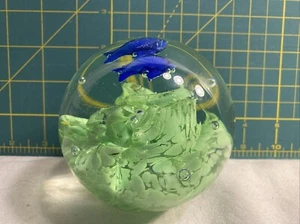 Murano Green Grass and Blue Fish Paper Weight Ball - Picture 1 of 5