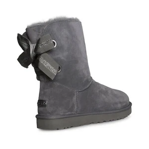 UGG CUSTOMIZABLE BAILEY BOW CHARCOAL SHORT SUEDE WOMEN'S BOOTS SIZE US 11 NEW - Picture 1 of 7