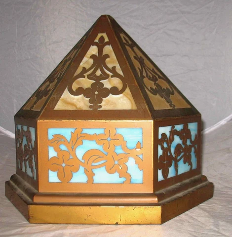 ARTS & CRAFTS CARAMEL & BLUE SLAG GLASS CEILING FIXTURE VINTAGE Cover