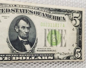 1934 $5 Federal Reserve Note LGS Light Lime Green Seal Cleveland, OH Nice Note - Picture 1 of 6