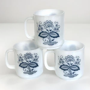 Lot of 3 Vintage Glasbake Blue Onion Flower Milk Glass Coffee/Tea Mugs - Picture 1 of 8
