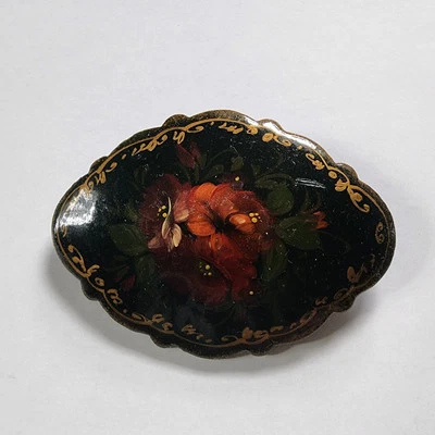 Hand Painted Russian Tole Brooch Floral Roses Oval Signed Black Wood - Image 1 of 4