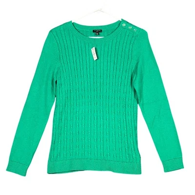 Suéter Talbots Para Mujer Pequeño Verde Tejido con Cable Botón Hombro Talla PM Cuello Redondo Foto 1 de 4