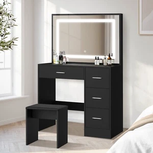 Oikiture Dressing Table Stool Set Large Makeup Mirror LED Light Vanity Black - Picture 1 of 10