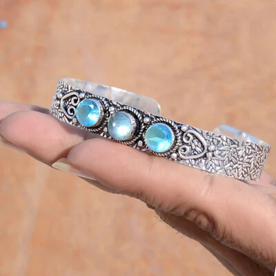 Blue Topaz & Labradorite Gemstone 925 Sterling Silver Bangle Cuff Gift For Him Foto 1 de 4